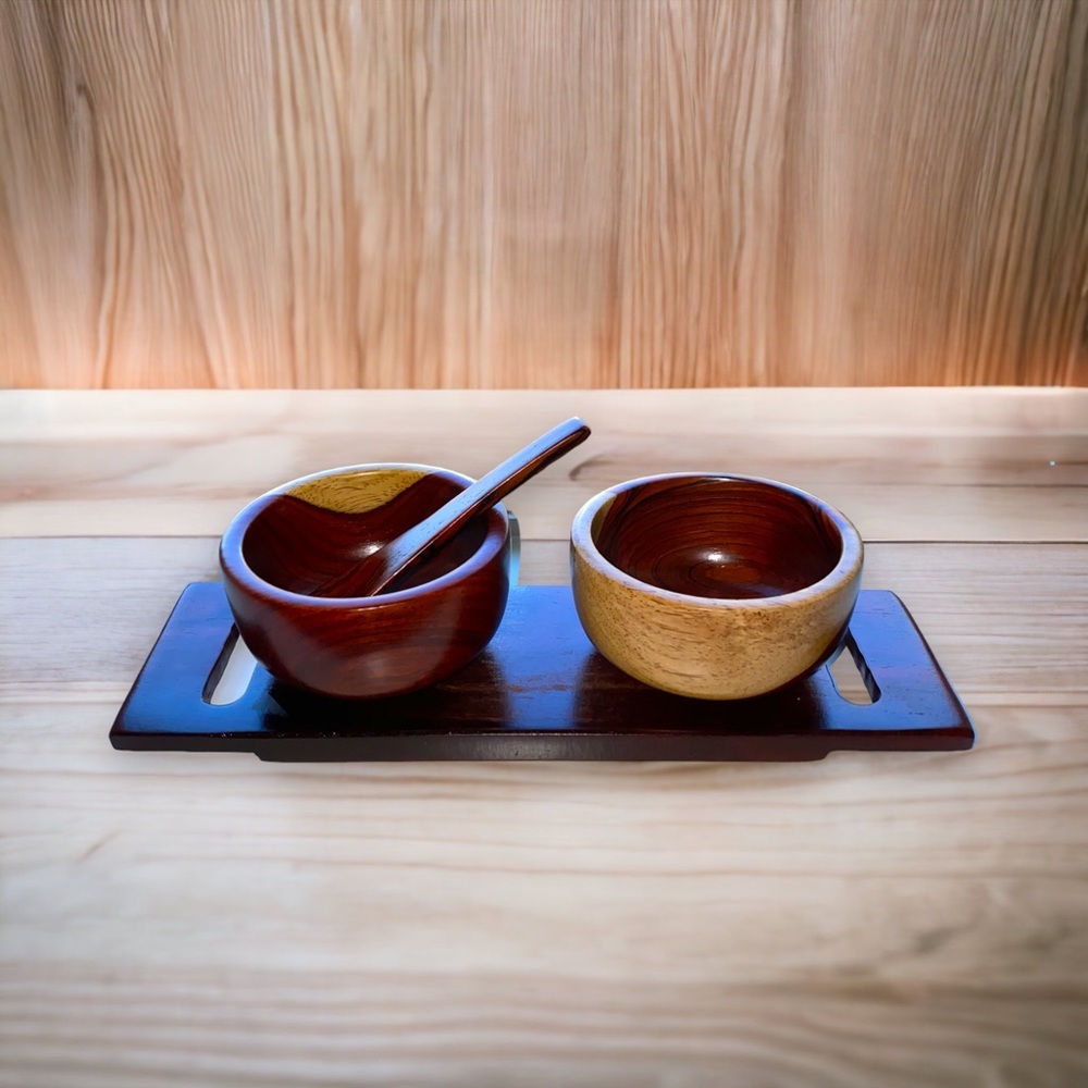 Vintage Wooden Double Bowl Set with Spoon - Rich Brown and Natural Wood Trim - Picture 12 of 12